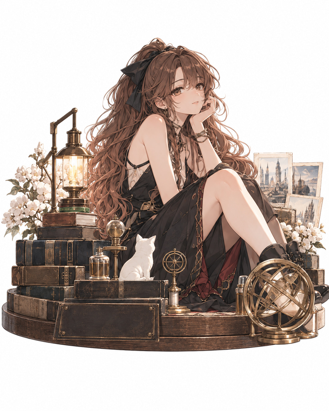 Brown-haired character in a black dress, seated among books, a glowing lantern, a white cat and a brass globe.