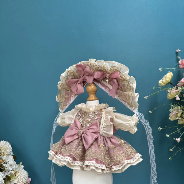 Antique Rose Dress & Bonnet for cotton dolls: dusty rose dress, gold lace, rose bow, cream bonnet, front view