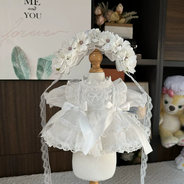 Blossom Heart Lace Dress & Flower Crown for cotton dolls: white lace dress, heart lace bodice, white flower crown with lace ties, front view
