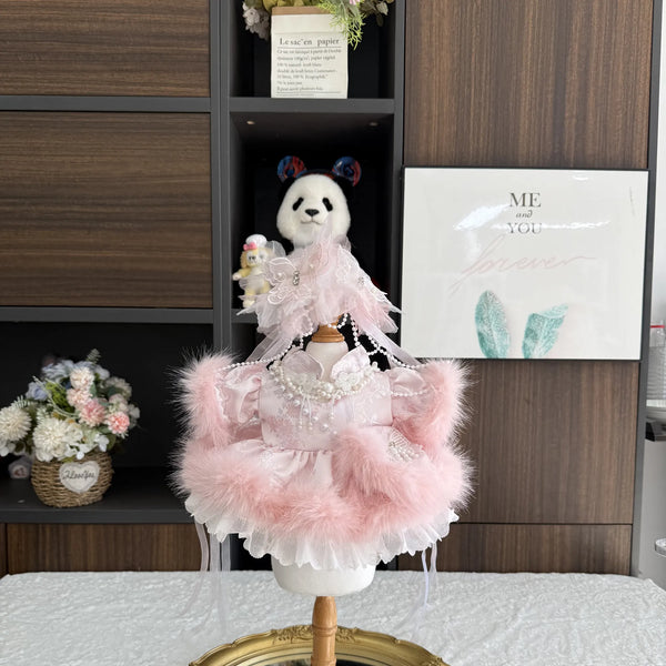Blush Feather Dress & Feather Headpiece for cotton dolls: pink dress, feathery trim on sleeves and skirt, pink feather headpiece, front view