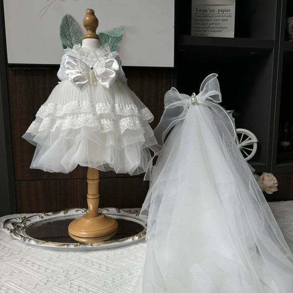 Cathedral Tulle Tiered Bridal Dress & Veil for cotton dolls: white tiered lace and tulle dress, long tulle veil with bow, front view