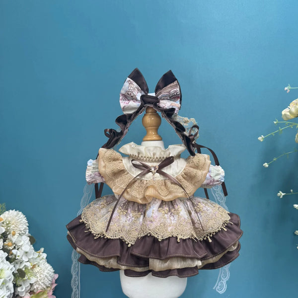 Cocoa Cream Layered Dress & Hair Bow for cotton dolls: cream and brown layered dress, lace overlay, ribbon bow headpiece, front view