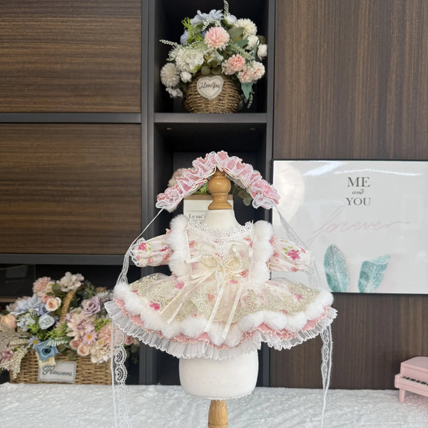 Cream Rose Garden Floral Dress & Ruffle Headdress for cotton dolls: cream rose-print dress, pink ruffle headdress, front view