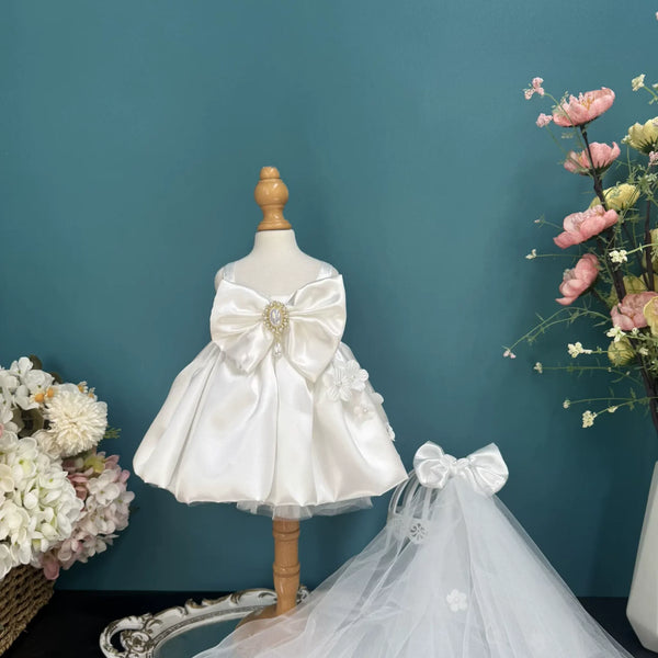 Moonlight Bride Bridal Dress & Veil for cotton dolls: white dress, oversized jeweled bow, long tulle veil, front view
