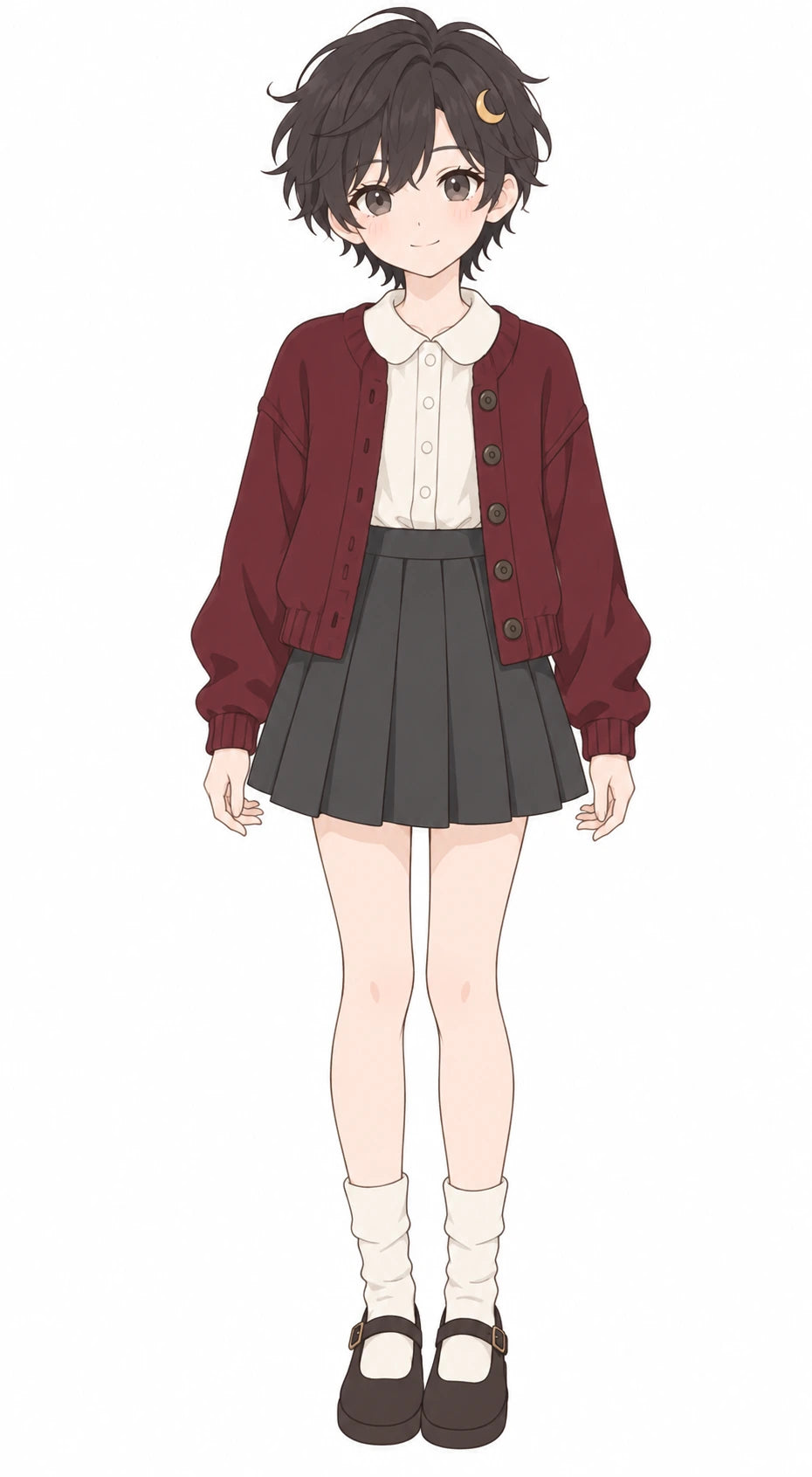 Original character drawing with short black hair, a crescent hair clip and a burgundy cardigan.