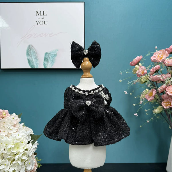 Onyx Sparkle Dress & Hair Bow for cotton dolls: black sparkle dress, pearl neckline, rhinestone heart bow, black bow, front view