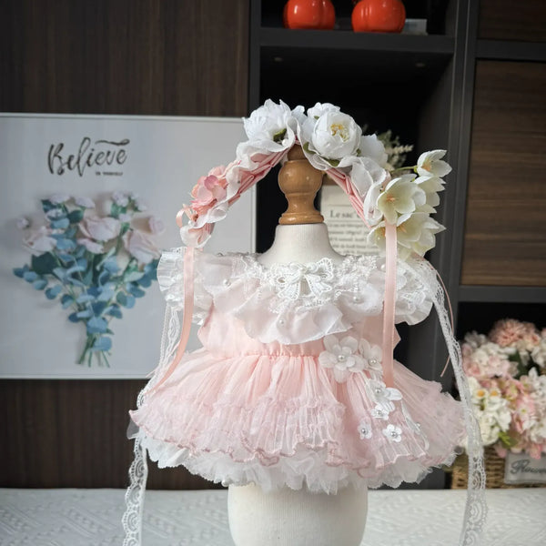 Peony Tulle Dress & Flower Crown for cotton dolls: blush tulle tiers, white ruffle collar, small flowers, flower crown, front view