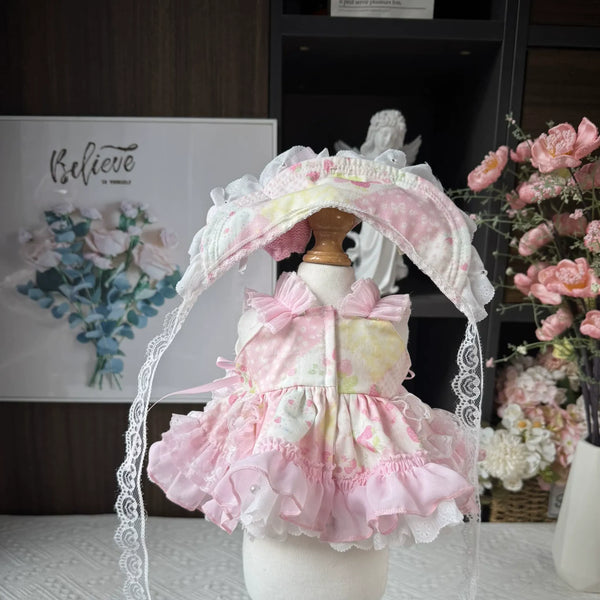 Pink Watercolor Floral Dress & Bonnet for cotton dolls: pink watercolor floral dress, ruffle tiers, matching lace bonnet, front view