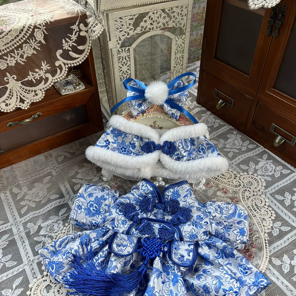 Porcelain Blue Brocade Dress & Fur Capelet for cotton dolls: blue-and-white floral brocade dress, fur-trimmed capelet, front view