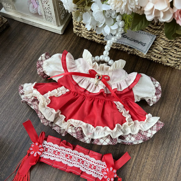 Scarlet Ribbon Dress & Lace Headband for cotton dolls: red dress, white ruffle collar, plaid ruffle trim, red lace headband, front view