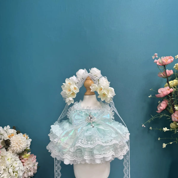 Seafoam Garland Lace Dress & Flower Crown for cotton dolls: mint dress, white lace tiers, brooch, cream flower crown, front view