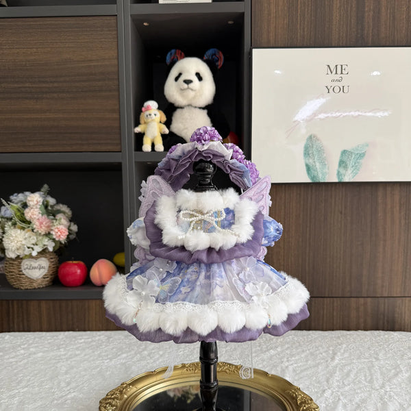 Violet Dusk Fur-Trim Dress & Bonnet for cotton dolls: purple dress, floral print skirt, ruffled purple bonnet with flowers, front view
