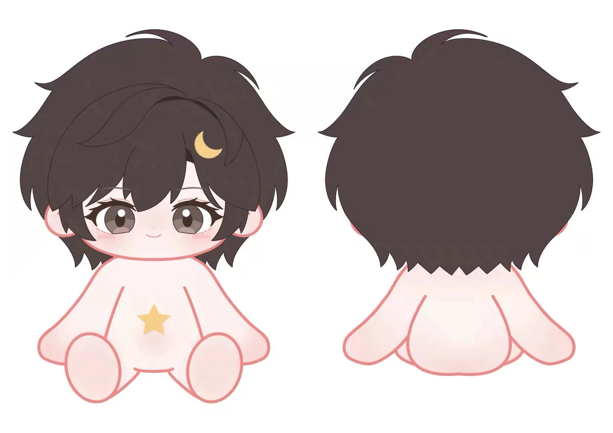 Front and back doll design: a chibi, seated doll with dark hair, gray-brown eyes, a moon hair clip, and a yellow star on the body.