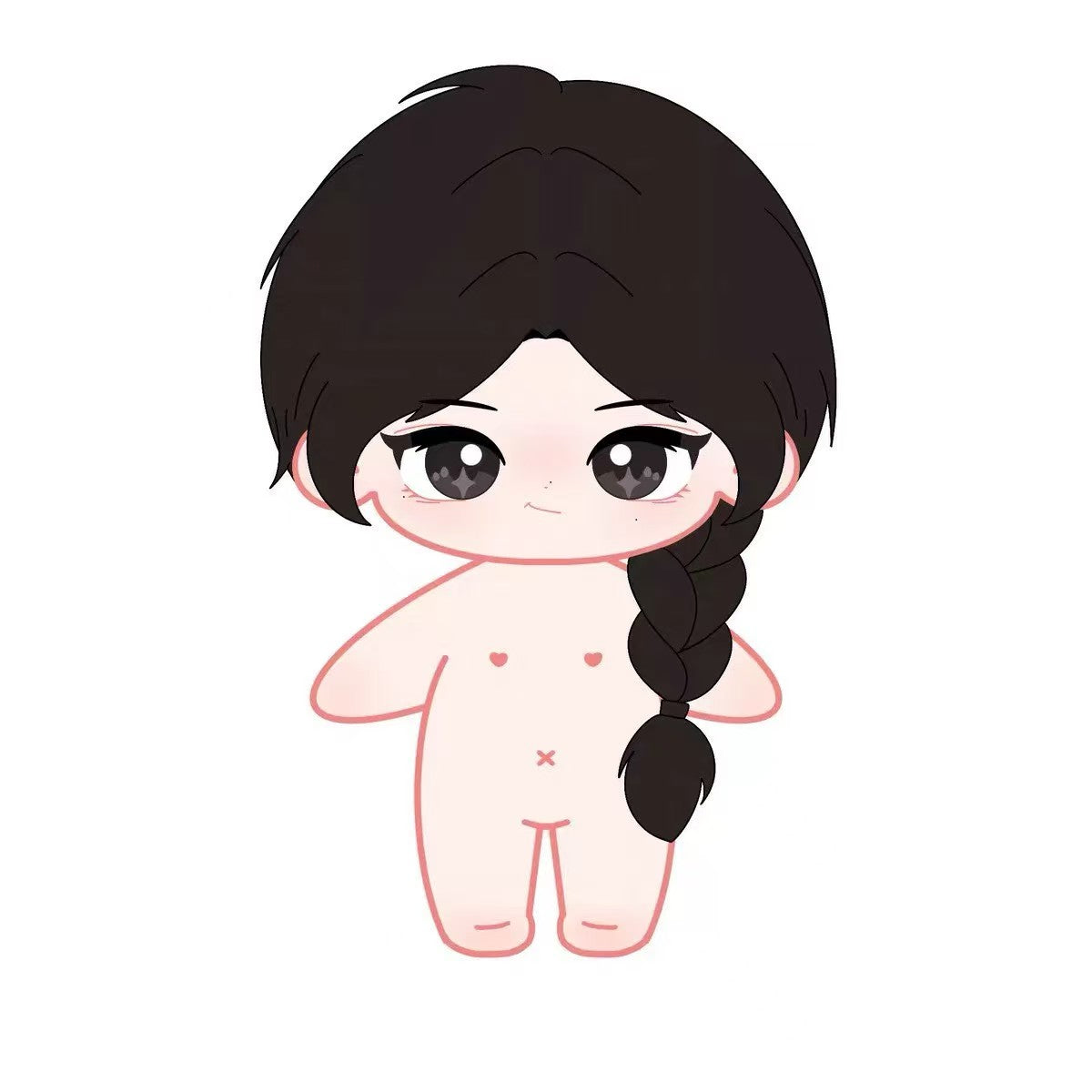 Chibi doll design of Rain: dark middle-parted hair, a long side braid, and big dark eyes with star-shaped highlights.
