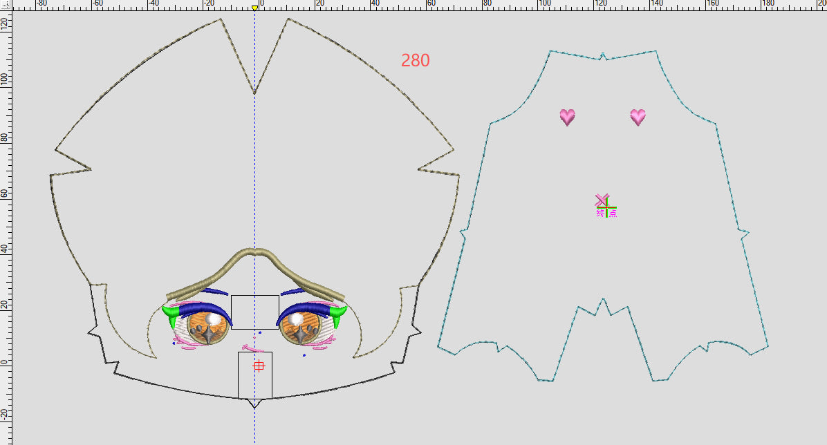 Embroidery layout for Rain’s face and body, shown in the embroidery software.