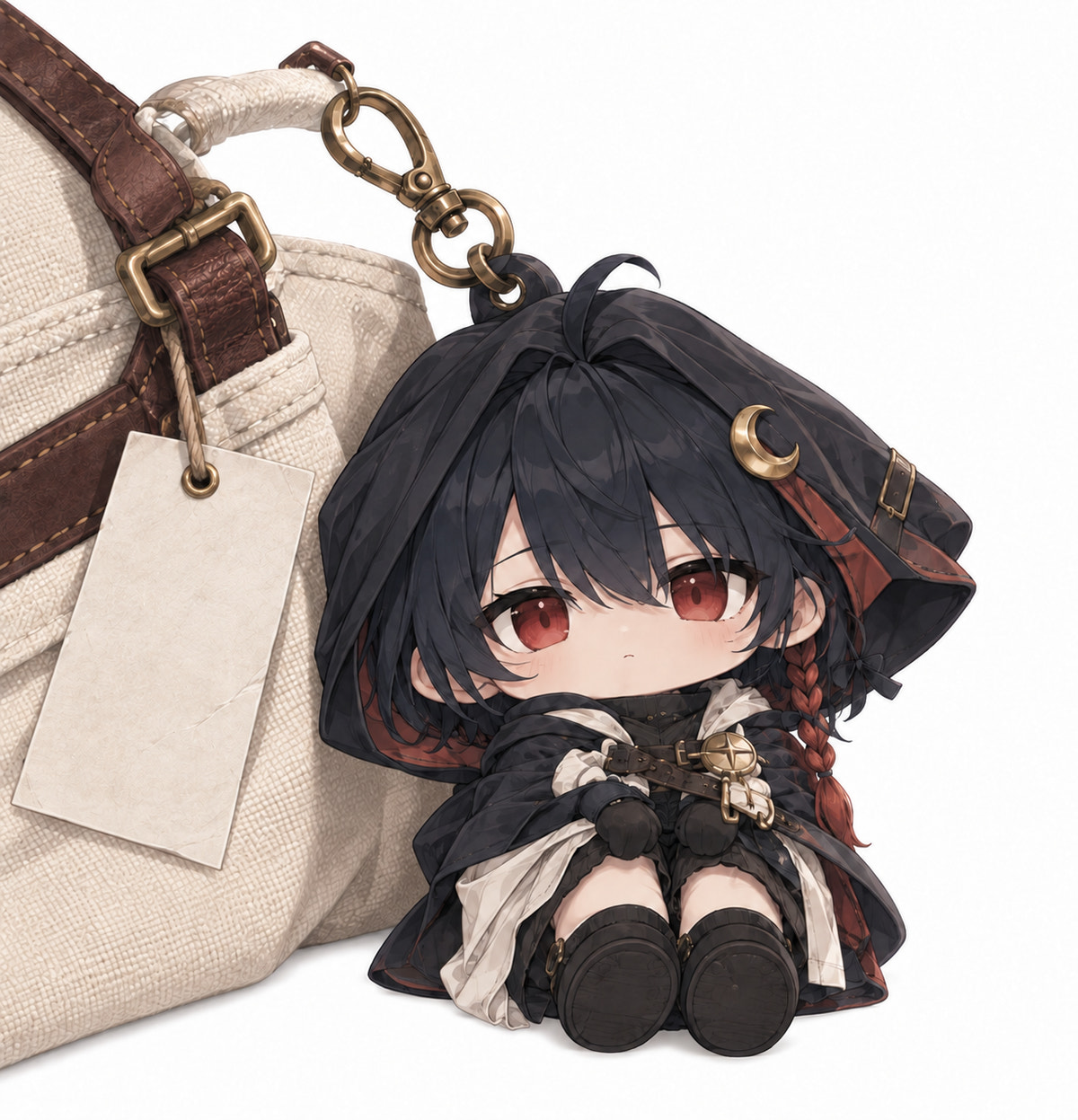 Black-haired character bag charm with a gold crescent hair accessory, clipped to a cream canvas travel bag.