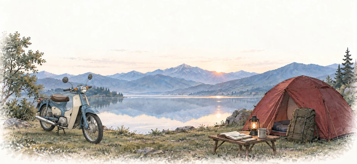 Lakeside camping illustration with a blue motorcycle, burgundy tent, lantern and mountains at sunset.