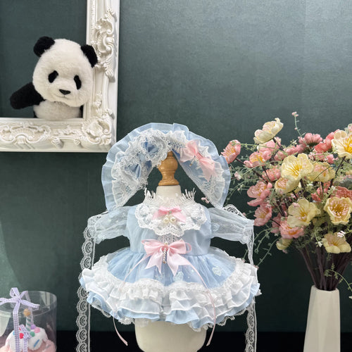 Baby Blue Ribbon Sheer-Sleeve Dress & Bonnet for cotton dolls: baby-blue, sheer sleeves, white lace collar, pink bows, front view
