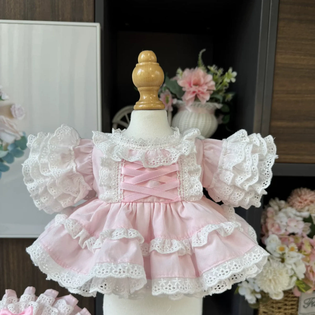 Ballet Pink Lace lace dress & bonnet for cotton dolls, detail view