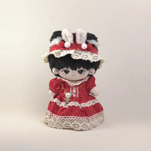 Cotton doll wearing the Berry Bunny outfit: red star-print dress with cream crochet lace, bunny-ear hat and pearl necklace, front view