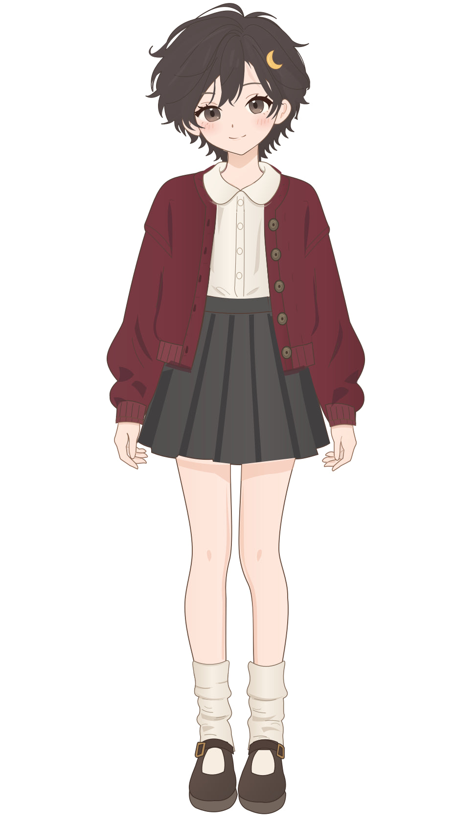 SPROOVIA character illustration with a crescent-moon hair clip, short brown hair, a burgundy cardigan, a pleated skirt and Mary Jane shoes.