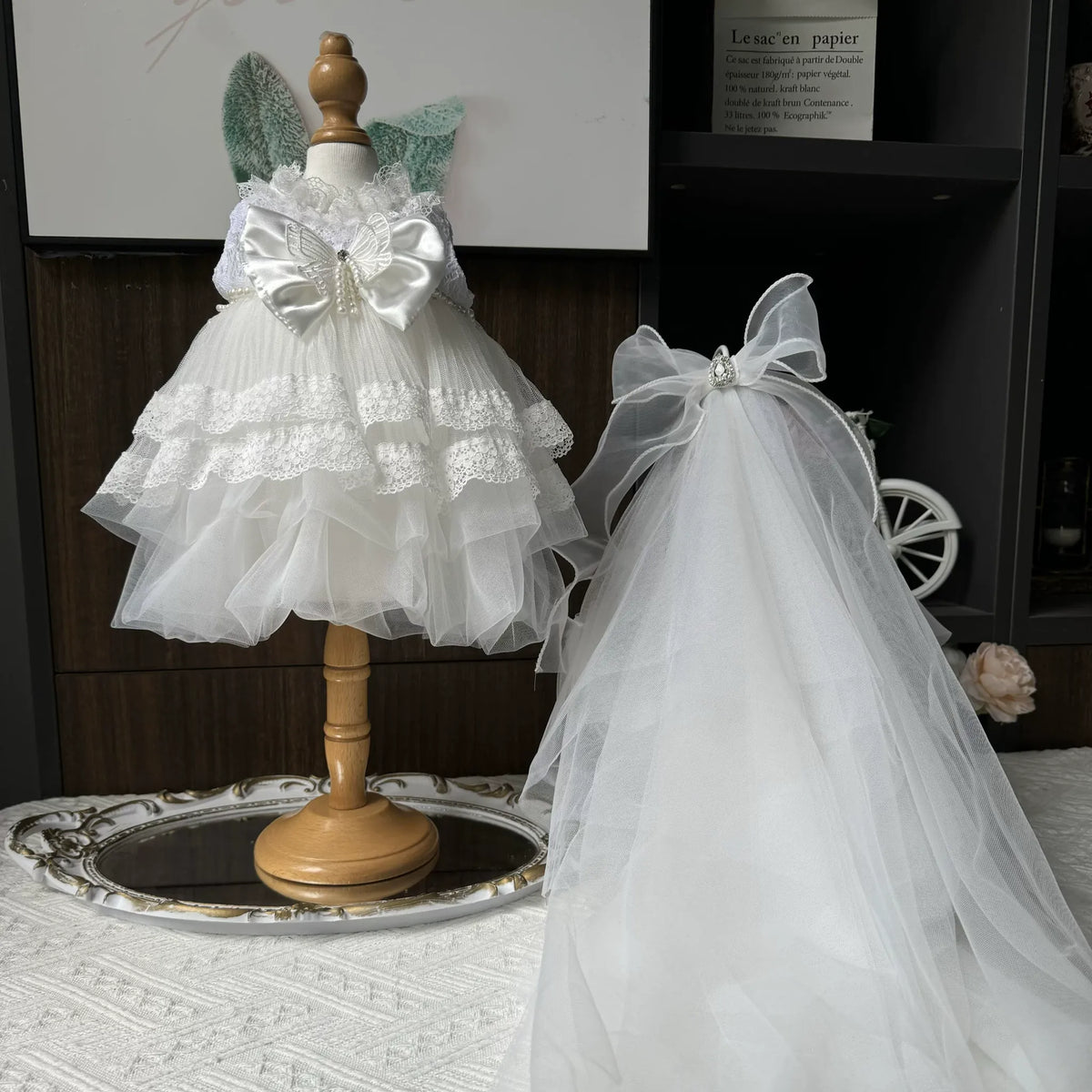 Cathedral Tulle Tiered Bridal Dress & Veil for cotton dolls: white tiered lace and tulle dress, long tulle veil with bow, front view