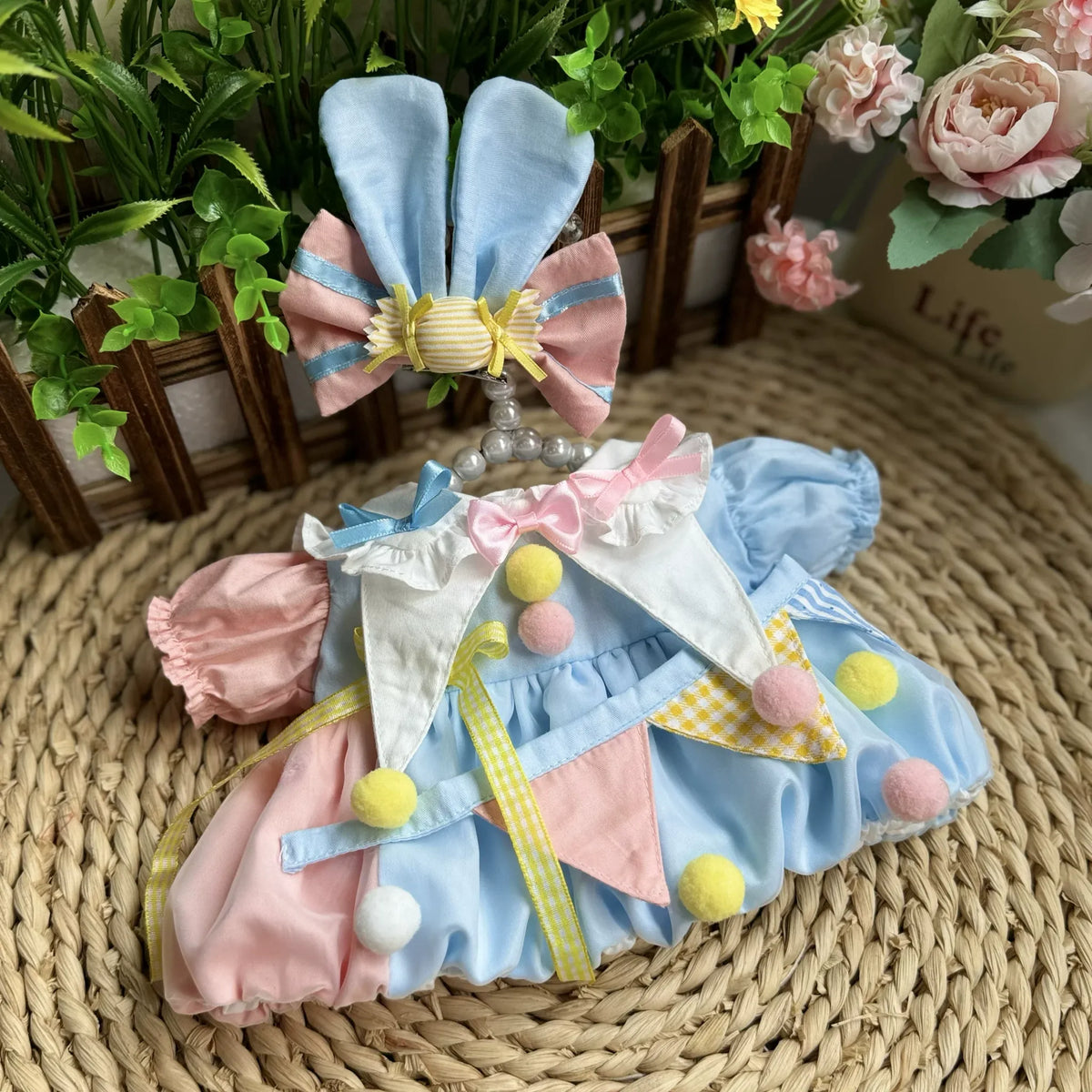 Circus Bunny dress & bunny ear bow for cotton dolls, detail view