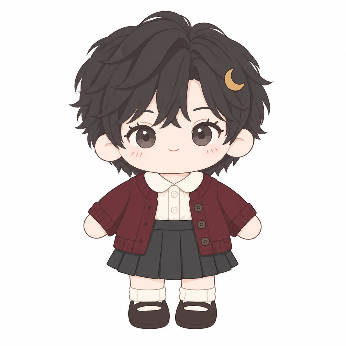 Front-view cotton doll design drawing with a crescent hair clip, burgundy cardigan and charcoal skirt.