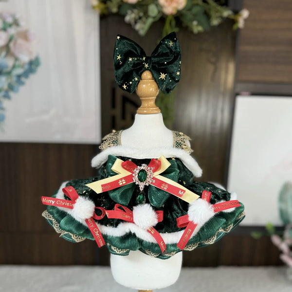 Evergreen Noel Christmas Dress & Hair Bow for cotton dolls: deep green dress, white fluffy trim, pompoms, red ribbons, star bow, front view