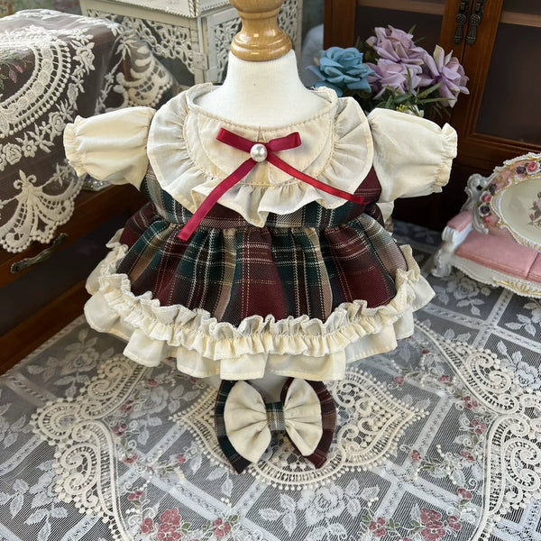 Holiday Tartan Plaid Dress & Hair Bow for cotton dolls: burgundy-green tartan dress, cream ruffles, tartan hair bow, front view