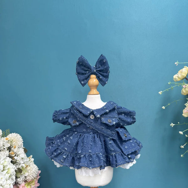 Indigo Denim Dress & Hair Bow for cotton dolls: dark denim dress, collar, buttons, pocket, ruffle hem, denim bow, front view