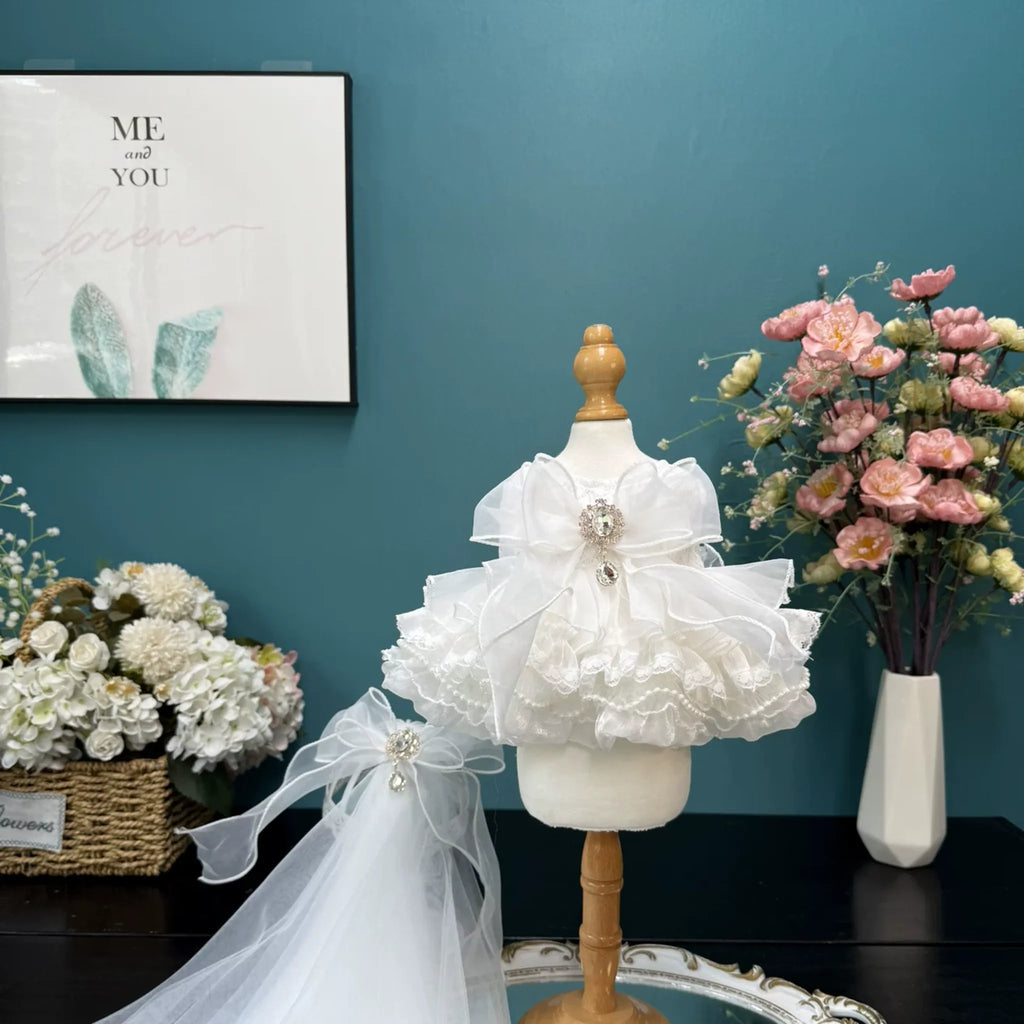 Ivory Cloud Bride Bridal Dress & Veil for cotton dolls: white ruffle dress, sheer bow, crystal brooch, veil, front view