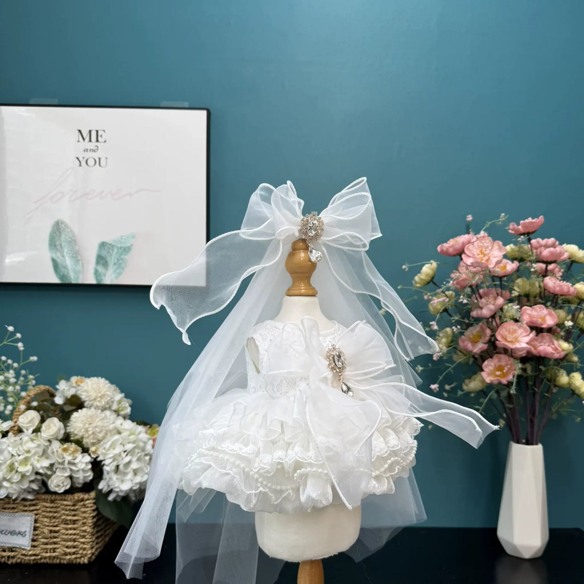 Ivory Cloud Bride bridal dress & veil for cotton dolls, detail view