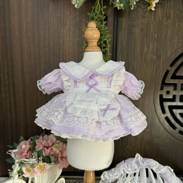 Lilac Daydream Apron Dress & Headband for cotton dolls: lilac dress, white collar, white lace apron, ruffled headband, front view