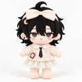 Black-haired cotton doll wearing the Little Whispers outfit: blush polka-dot bow and blouse, striped tie and pale green skirt.