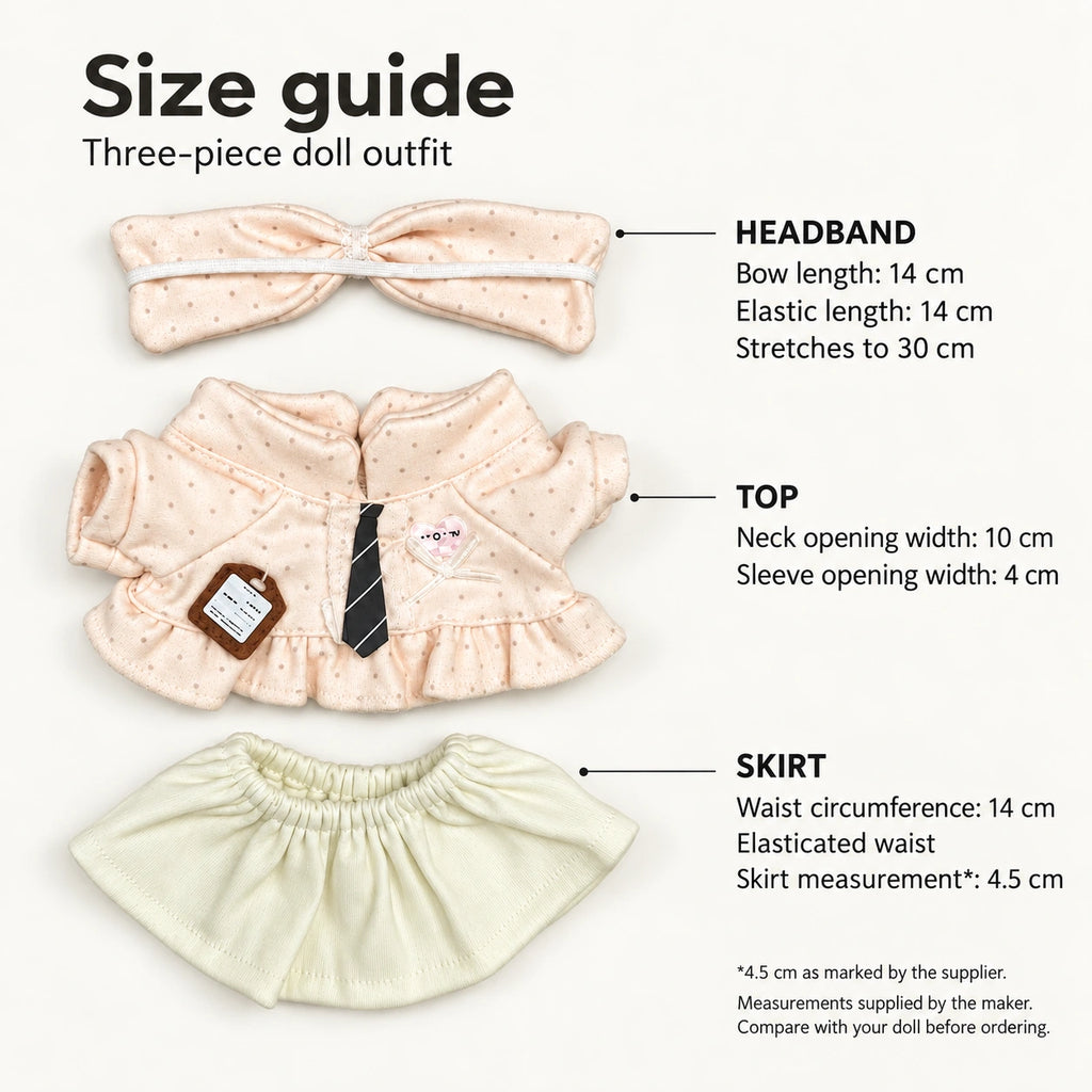 Little Whispers size guide: 14 cm bow and elastic headband stretching to 30 cm; top neck opening 10 cm and sleeve opening 4 cm; skirt waist 14 cm, with a marked skirt measurement of 4.5 cm.