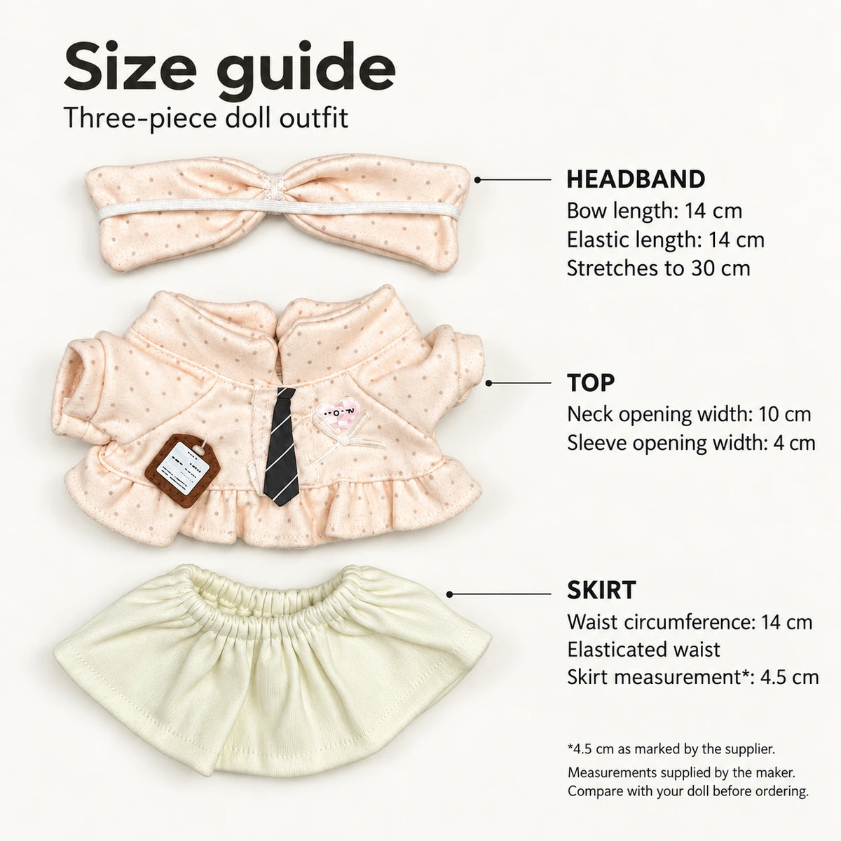 Little Whispers size guide: 14 cm bow and elastic headband stretching to 30 cm; top neck opening 10 cm and sleeve opening 4 cm; skirt waist 14 cm, with a marked skirt measurement of 4.5 cm.