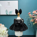 Onyx Sparkle Dress & Hair Bow for cotton dolls: black sparkle dress, pearl neckline, rhinestone heart bow, black bow, front view