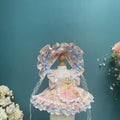 Pastel Sweetheart Apron Dress & Bonnet for cotton dolls: pastel print dress, pink apron, blue bows, ruffled bonnet, front view