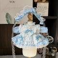 Sky Ribbon Apron Dress & Ruffle Headband for cotton dolls: light blue dress, white ruffled apron, blue bows, ruffled headband, front view