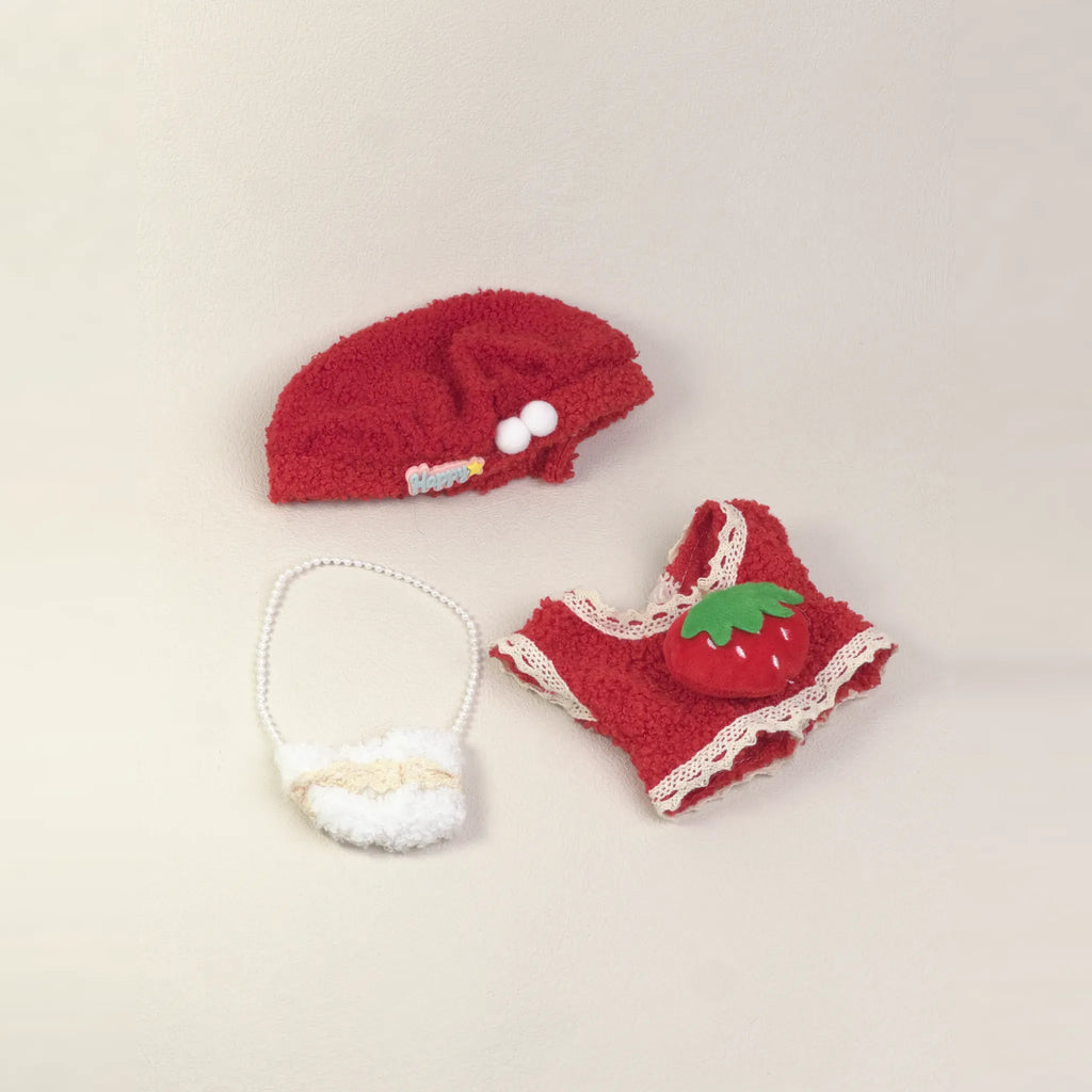 Strawberry Beret outfit for 20 cm cotton dolls laid flat: fleece dress, beret, pearl-strap bag