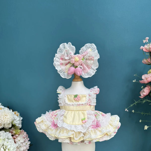 Strawberry Cream Dress & Lace Hair Bow for cotton dolls: cream dress, pink floral print, strawberry, lace ruffles, lace bow, front view