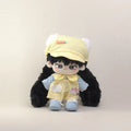 Cotton doll wearing the Sunny Kitten outfit: yellow overalls, light blue shirt, yellow neck bow, cat-ear cap and blue shoes, front view