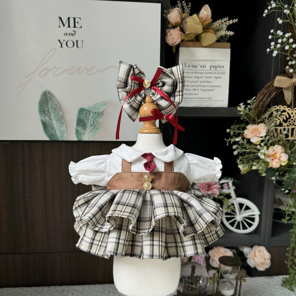 Toffee Schoolday Plaid School Dress & Bow for cotton dolls: white blouse, red tie, brown suspender bodice, plaid hair bow, front view