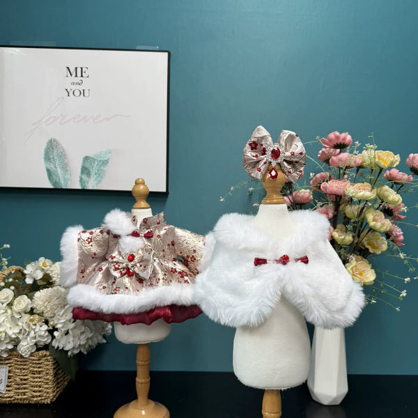 Winter Berry Dress, Cape & Hair Bow for cotton dolls: cream floral dress, fluffy trim, white cape with red bows, print bow, front view