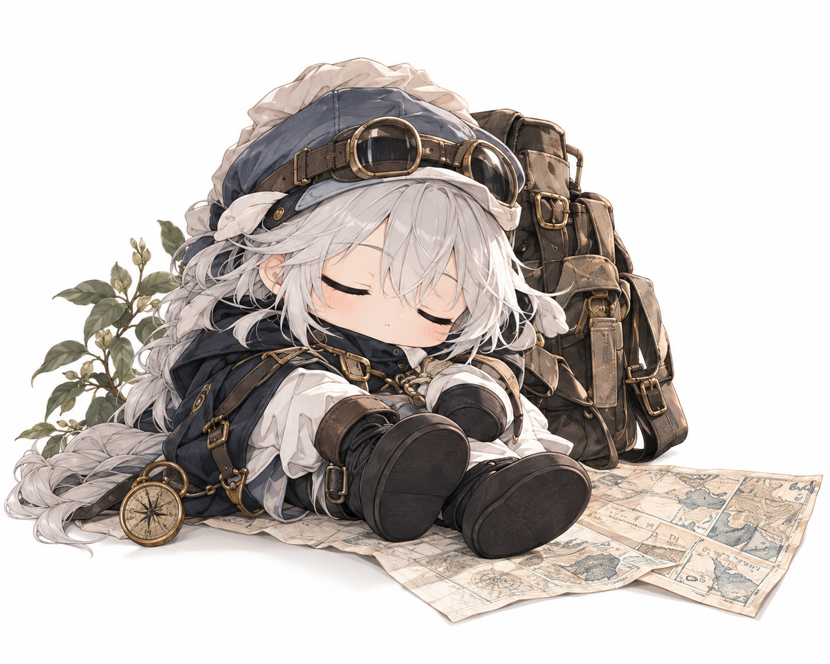 Silver-haired traveler character in a cap and boots, seated beside a backpack, compass and folded map.