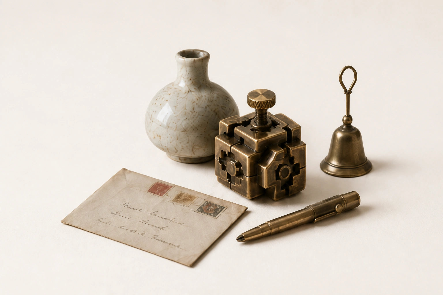 A curated still life of ceramic, brass and mechanical objects